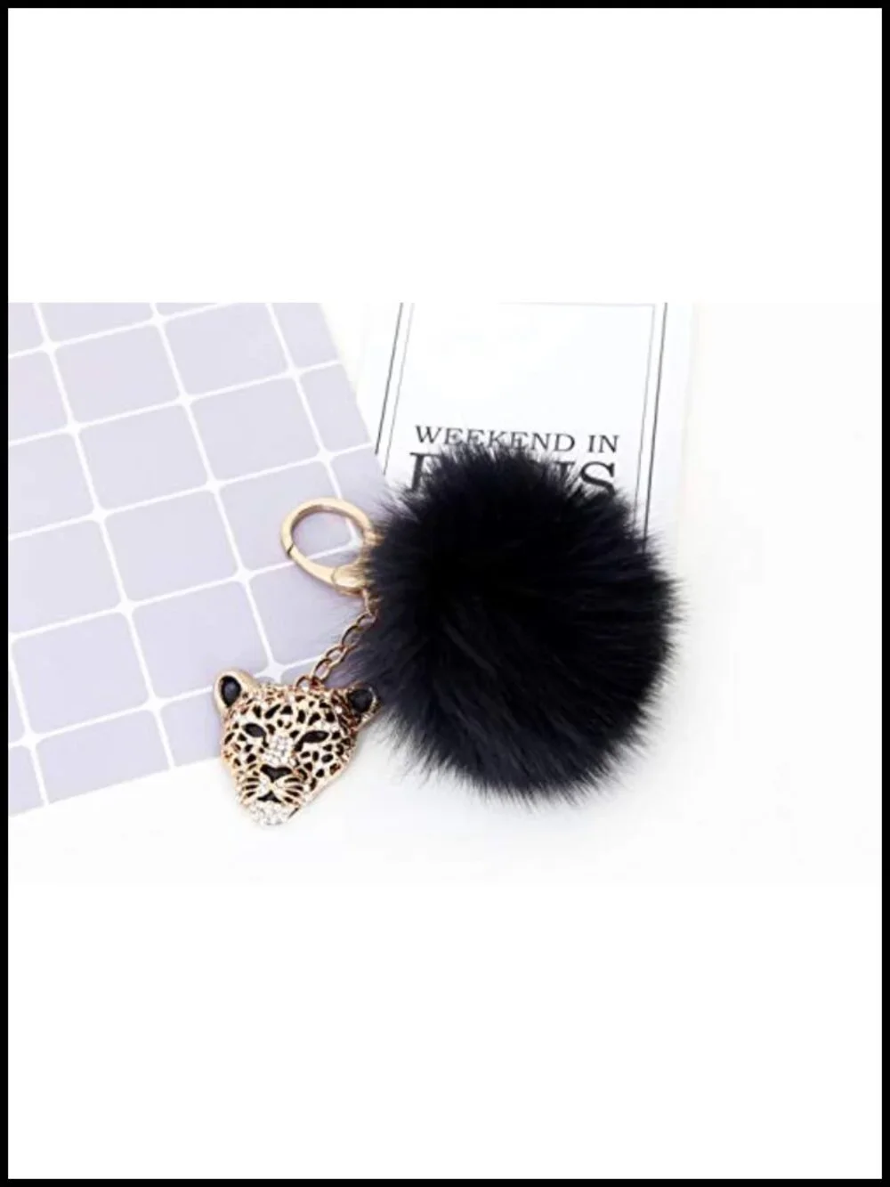 Gold Plated Alloy Leopard Handbag Charm Keychain with Black Fox Fur PomPom